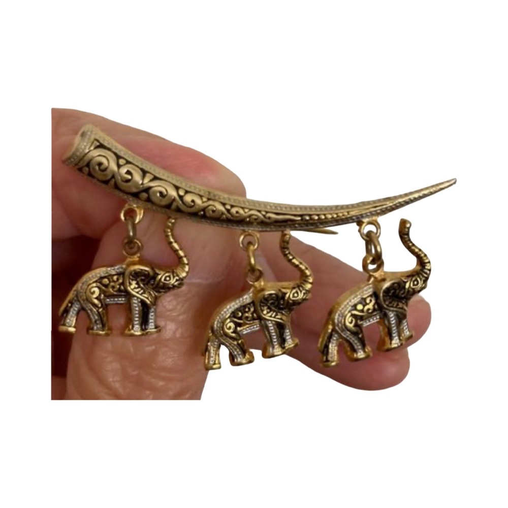 Spanish Damascene Elephants Dangles Vintage Brooch Toledoware Animal Jewelry